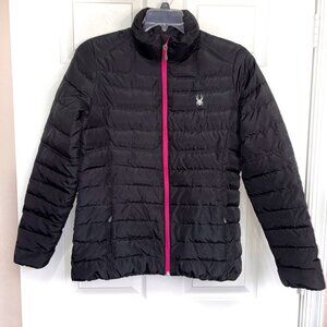 Spyder Prymo Down Filled Puffer Jacket Womens Large Black Zip Front Zip Pockets